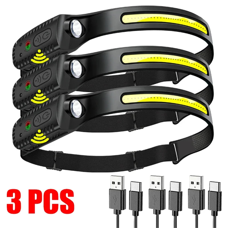 Sensor Head lamp LED Head Flashlight Rechargeable Headlight Head Torch Built-in Battery 5 Lighting Modes Fishing Camping Lantern