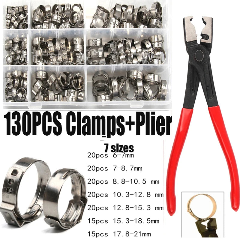 130/80/45pcs Stainless Steel Ear Stepless Clamp Worm Drive Fuel Water Hose Pipe Clamps Clips+ 1PC Hose Clip Clamp Pliers