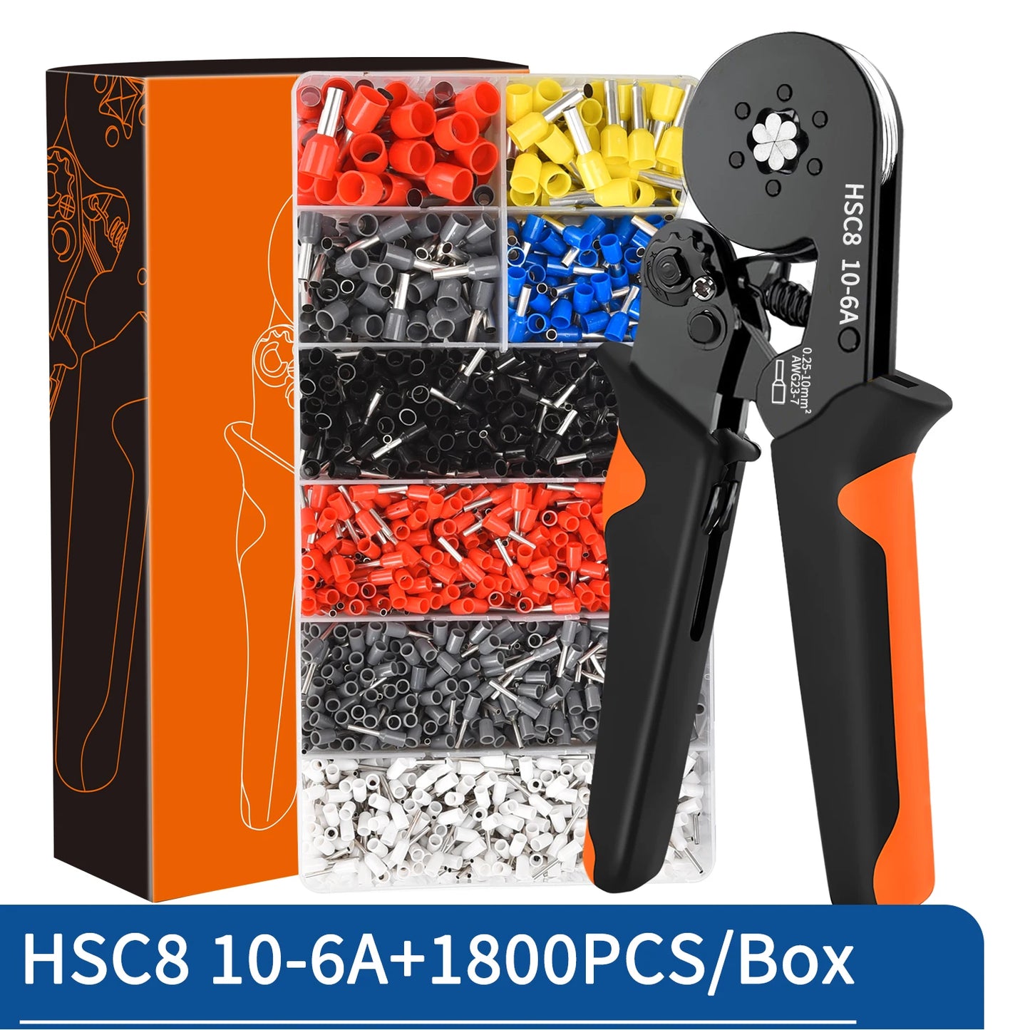Ferrule Crimping Tool Kit with Tubular Wire Connectors Toolbox Hexagonal Sawtooth Self-Adjustable Ratchet Wire Terminals Crimper