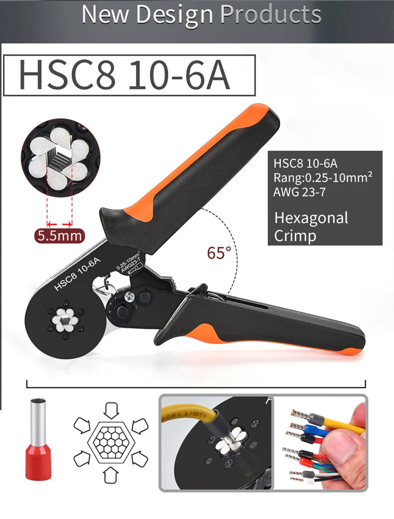 Ferrule Crimping Tool Kit with Tubular Wire Connectors Toolbox Hexagonal Sawtooth Self-Adjustable Ratchet Wire Terminals Crimper