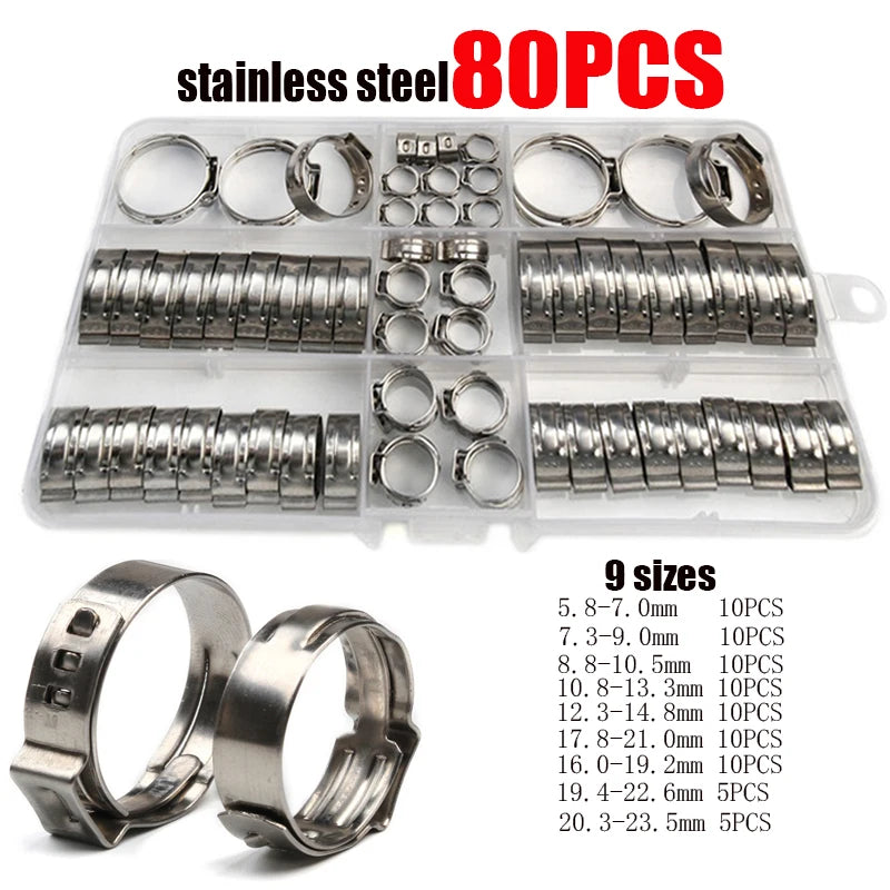 130/80/45pcs Stainless Steel Ear Stepless Clamp Worm Drive Fuel Water Hose Pipe Clamps Clips+ 1PC Hose Clip Clamp Pliers