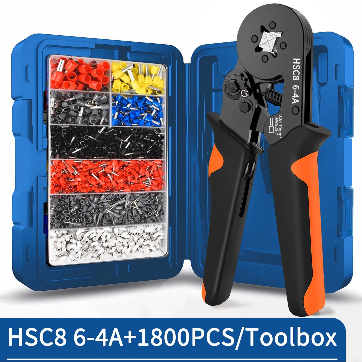 Ferrule Crimping Tool Kit with Tubular Wire Connectors Toolbox Hexagonal Sawtooth Self-Adjustable Ratchet Wire Terminals Crimper