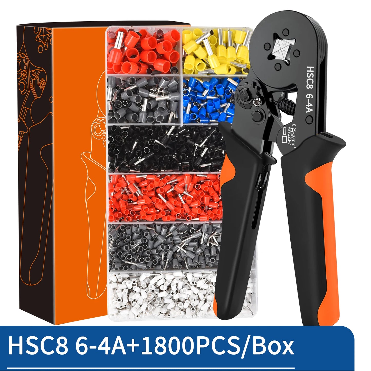 Ferrule Crimping Tool Kit with Tubular Wire Connectors Toolbox Hexagonal Sawtooth Self-Adjustable Ratchet Wire Terminals Crimper
