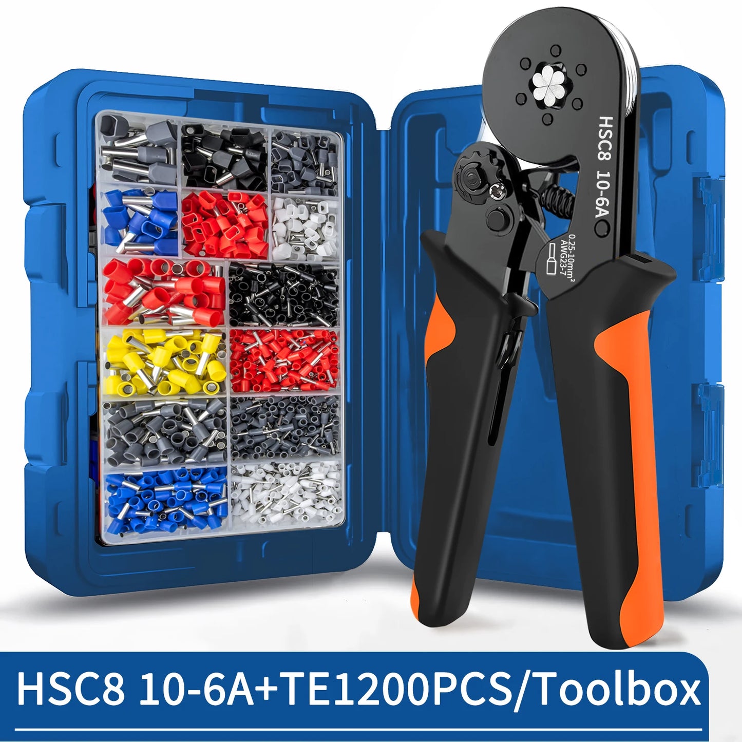 Ferrule Crimping Tool Kit with Tubular Wire Connectors Toolbox Hexagonal Sawtooth Self-Adjustable Ratchet Wire Terminals Crimper