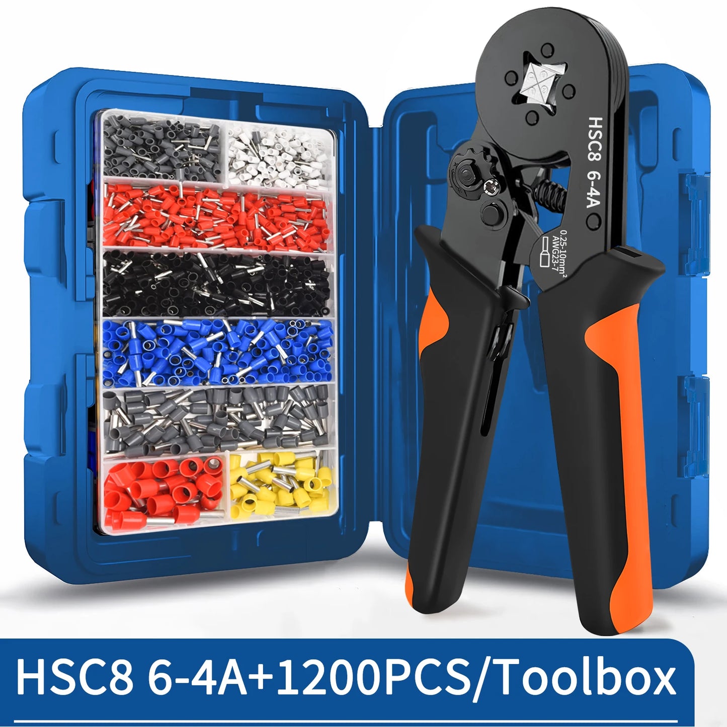 Ferrule Crimping Tool Kit with Tubular Wire Connectors Toolbox Hexagonal Sawtooth Self-Adjustable Ratchet Wire Terminals Crimper