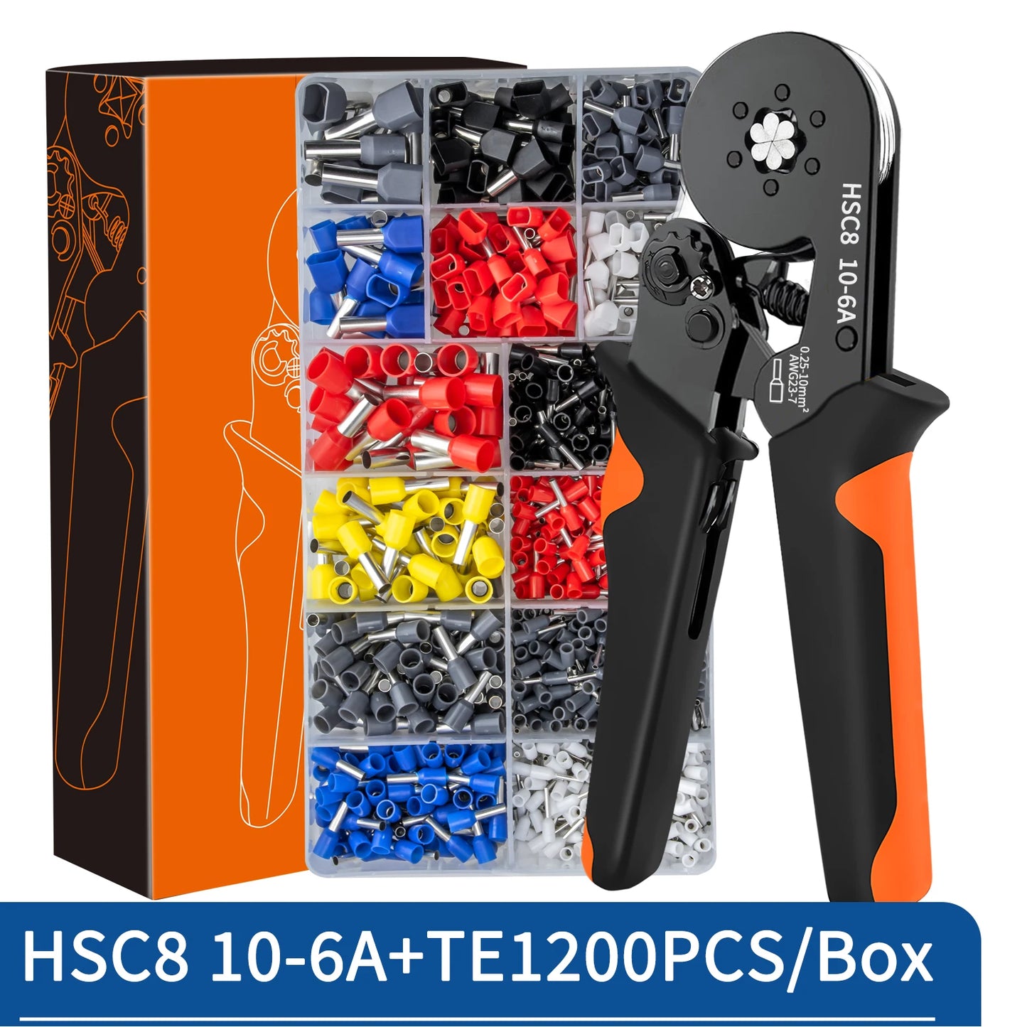 Ferrule Crimping Tool Kit with Tubular Wire Connectors Toolbox Hexagonal Sawtooth Self-Adjustable Ratchet Wire Terminals Crimper