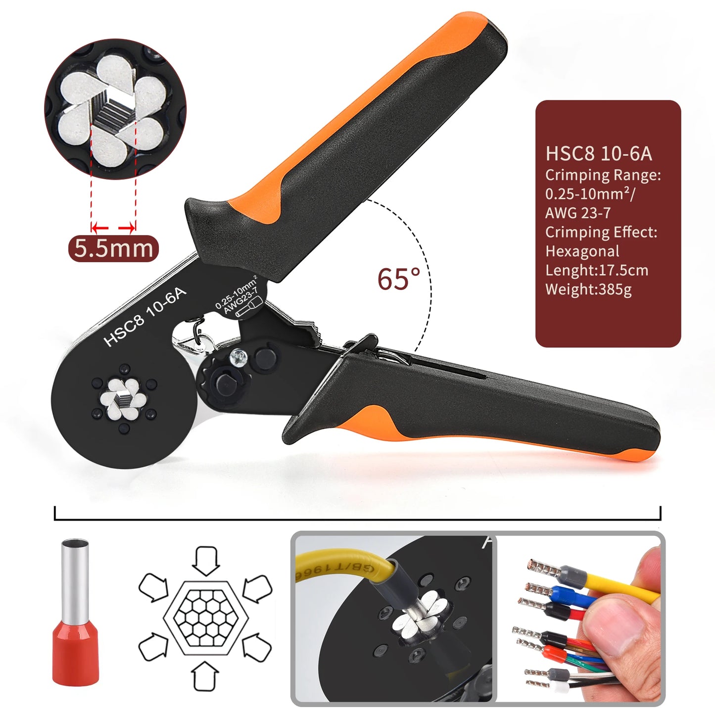Ferrule Crimping Tool Kit with Tubular Wire Connectors Toolbox Hexagonal Sawtooth Self-Adjustable Ratchet Wire Terminals Crimper
