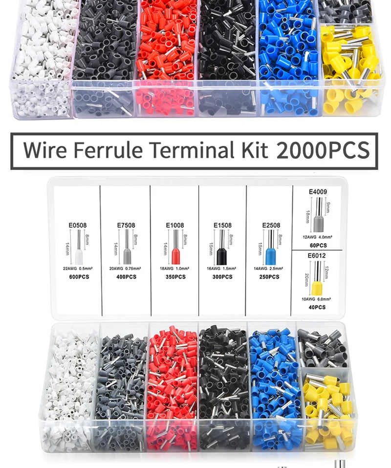 Ferrule Crimping Tool Kit with Tubular Wire Connectors Toolbox Hexagonal Sawtooth Self-Adjustable Ratchet Wire Terminals Crimper