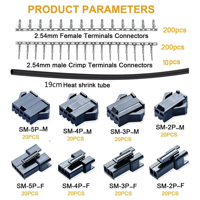 570pcs Terminal 2 3 4 5 Pin Wire Connector 2.5 mm Pitch Male and Female Connector Adapter+1PCS Terminal Crimping Pliers