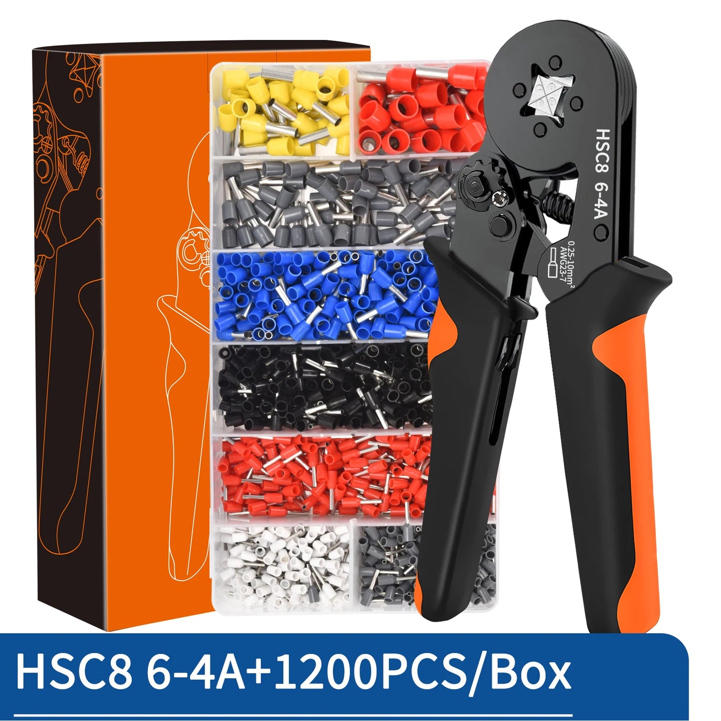 Ferrule Crimping Tool Kit with Tubular Wire Connectors Toolbox Hexagonal Sawtooth Self-Adjustable Ratchet Wire Terminals Crimper