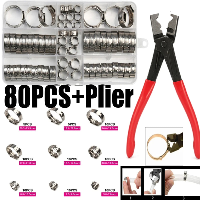 130/80/45pcs Stainless Steel Ear Stepless Clamp Worm Drive Fuel Water Hose Pipe Clamps Clips+ 1PC Hose Clip Clamp Pliers