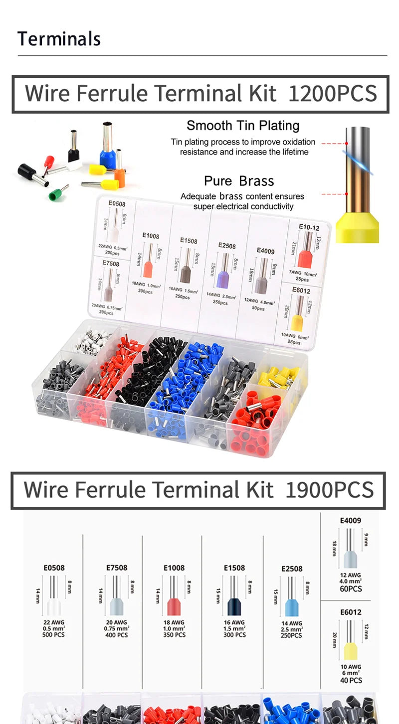 Ferrule Crimping Tool Kit with Tubular Wire Connectors Toolbox Hexagonal Sawtooth Self-Adjustable Ratchet Wire Terminals Crimper