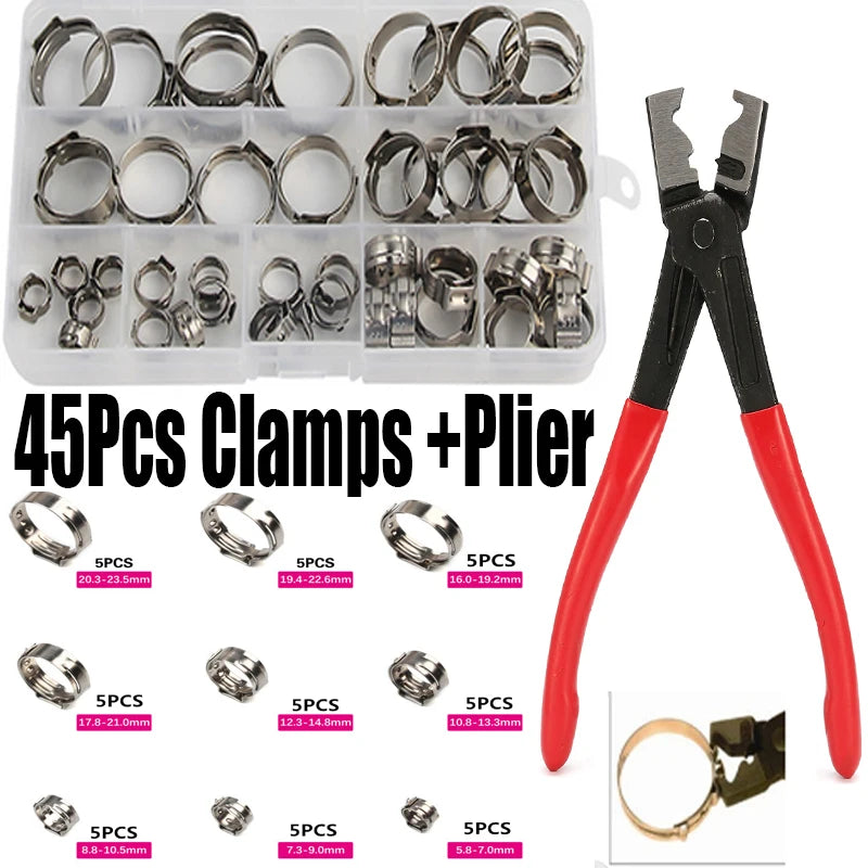 130/80/45pcs Stainless Steel Ear Stepless Clamp Worm Drive Fuel Water Hose Pipe Clamps Clips+ 1PC Hose Clip Clamp Pliers
