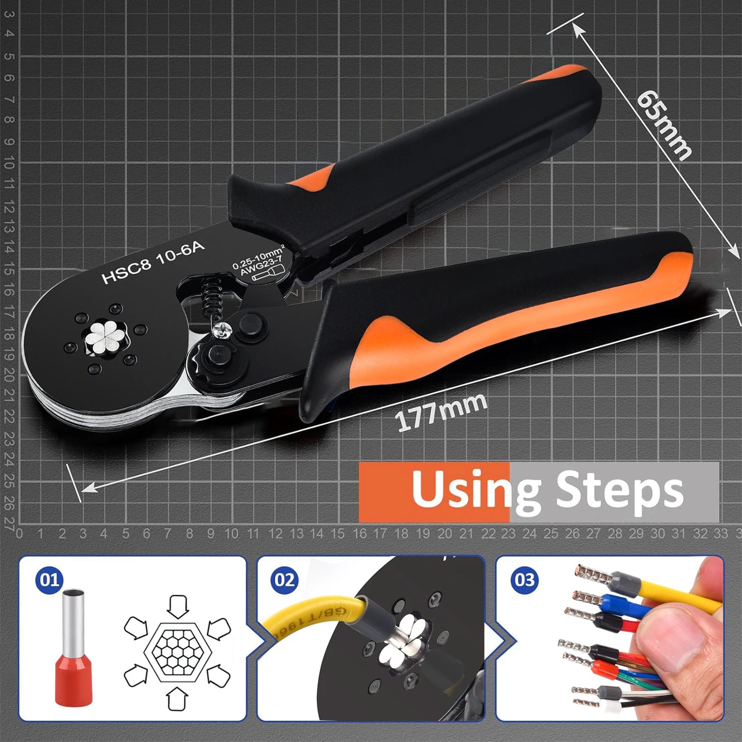 Ferrule Crimping Tool Kit with Tubular Wire Connectors Toolbox Hexagonal Sawtooth Self-Adjustable Ratchet Wire Terminals Crimper