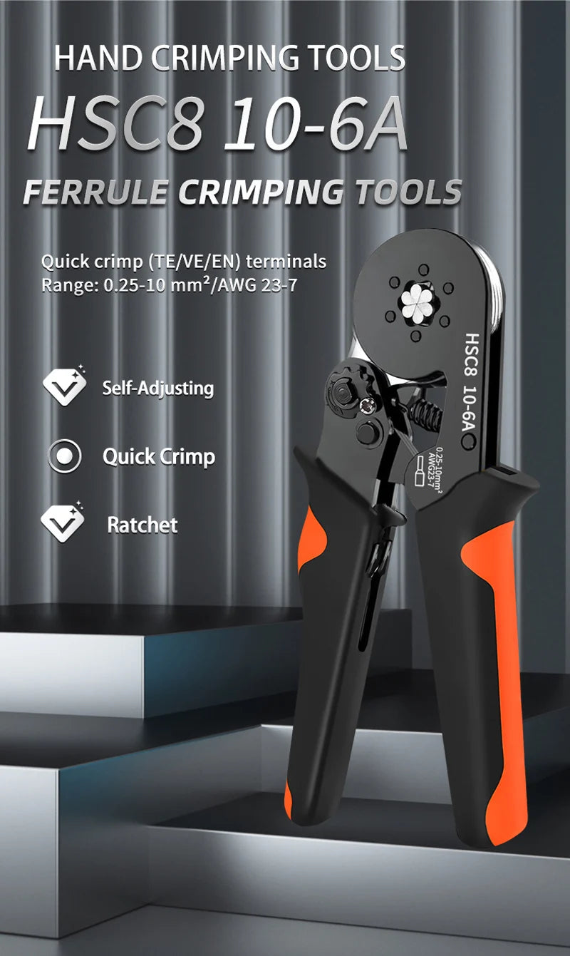 Ferrule Crimping Tool Kit with Tubular Wire Connectors Toolbox Hexagonal Sawtooth Self-Adjustable Ratchet Wire Terminals Crimper