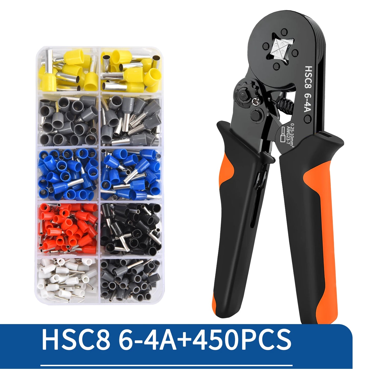 Ferrule Crimping Tool Kit with Tubular Wire Connectors Toolbox Hexagonal Sawtooth Self-Adjustable Ratchet Wire Terminals Crimper