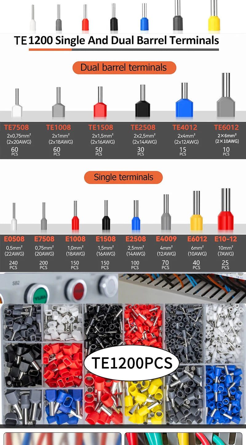 Ferrule Crimping Tool Kit with Tubular Wire Connectors Toolbox Hexagonal Sawtooth Self-Adjustable Ratchet Wire Terminals Crimper
