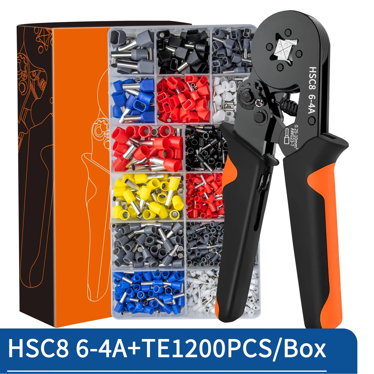 Ferrule Crimping Tool Kit with Tubular Wire Connectors Toolbox Hexagonal Sawtooth Self-Adjustable Ratchet Wire Terminals Crimper