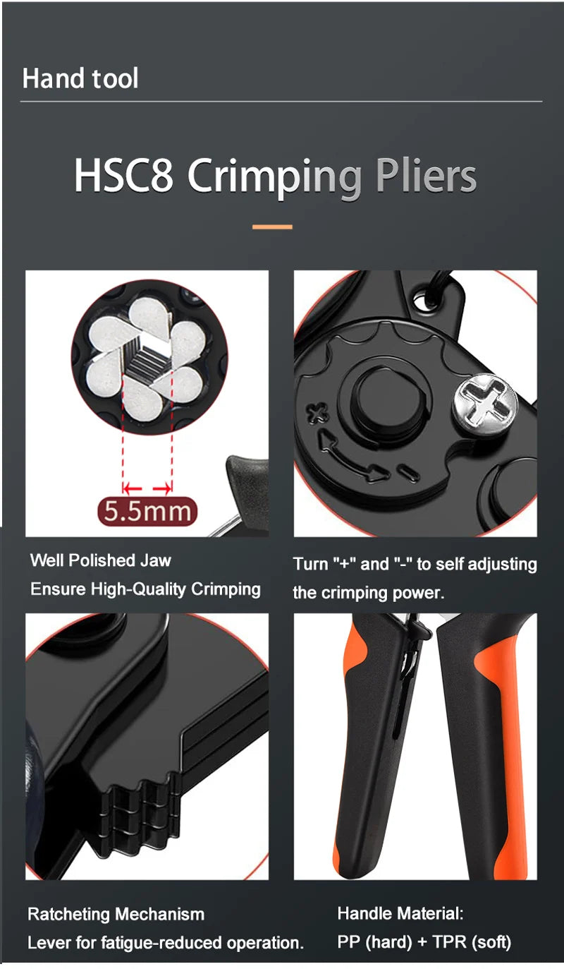 Ferrule Crimping Tool Kit with Tubular Wire Connectors Toolbox Hexagonal Sawtooth Self-Adjustable Ratchet Wire Terminals Crimper
