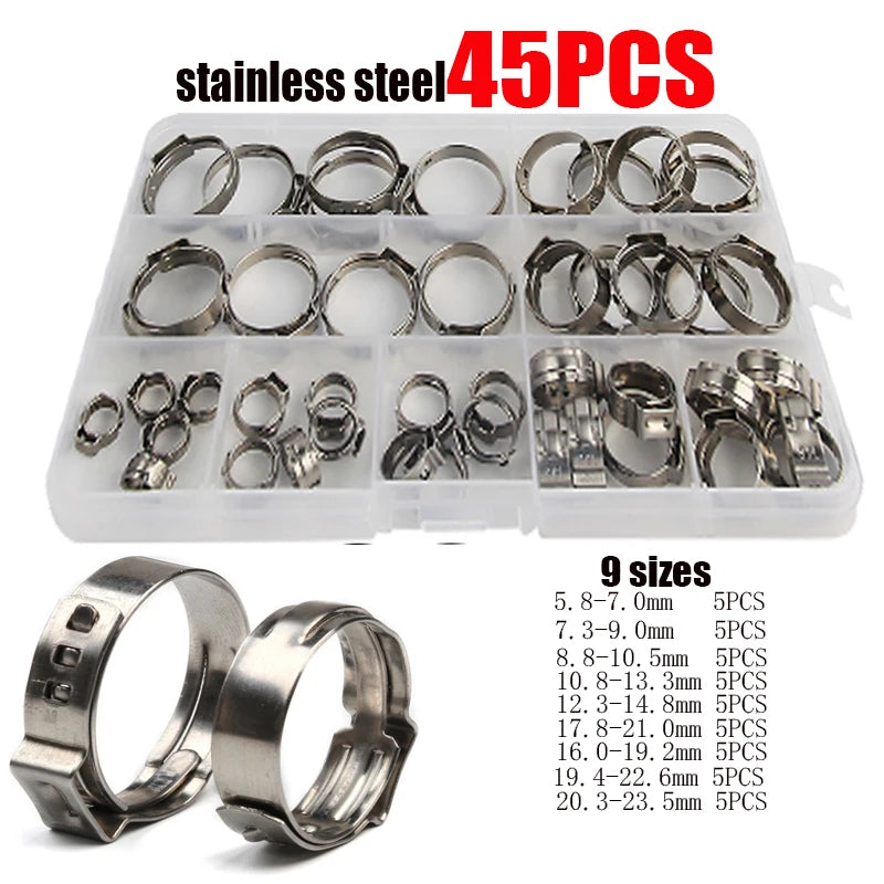 130/80/45pcs Stainless Steel Ear Stepless Clamp Worm Drive Fuel Water Hose Pipe Clamps Clips+ 1PC Hose Clip Clamp Pliers